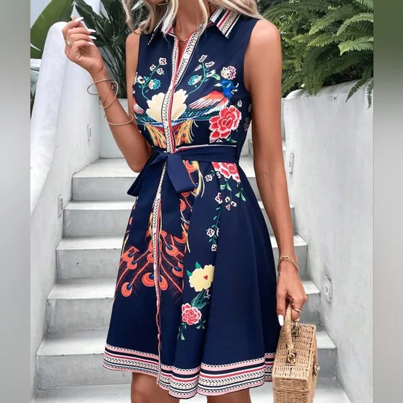 PRICE DROP!! Gorgeous Floral Print Belted Shirt Dress - Picture 2 of 5